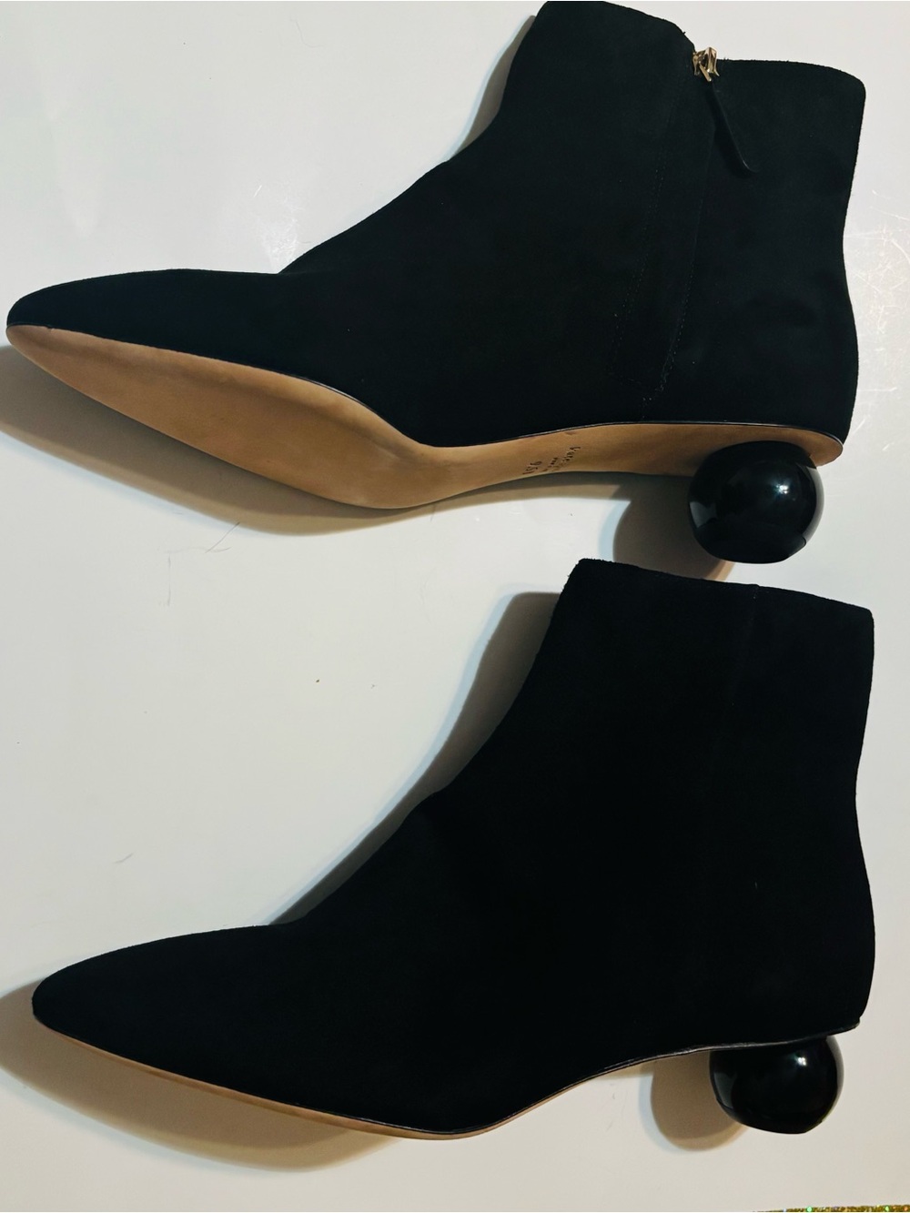 kate spade Black Suede Ankle Booties with Spherical Heel